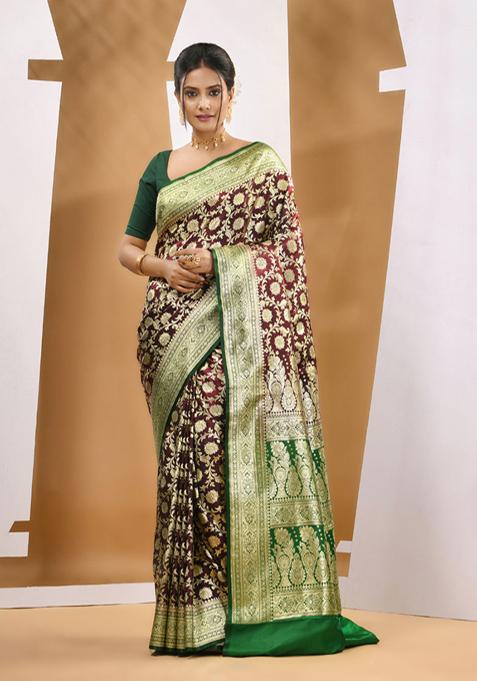 Wine Ethnic Print Zari Woven Banarasi Silk Saree Set