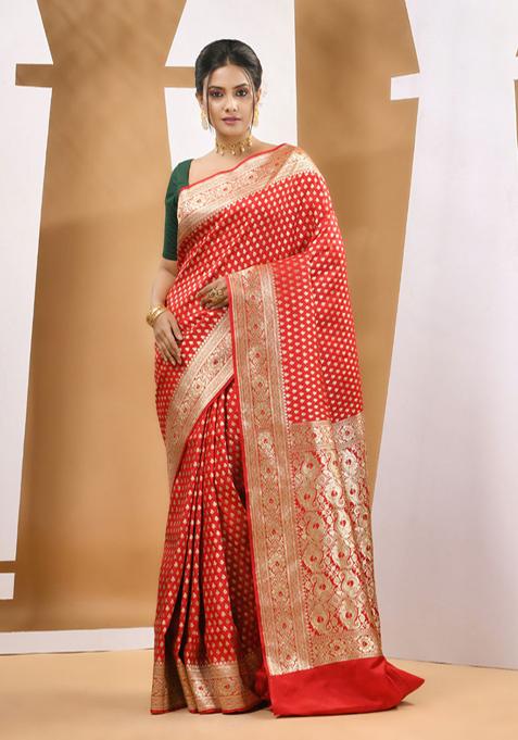 Red Ethnic Print Zari Woven Banarasi Silk Saree Set