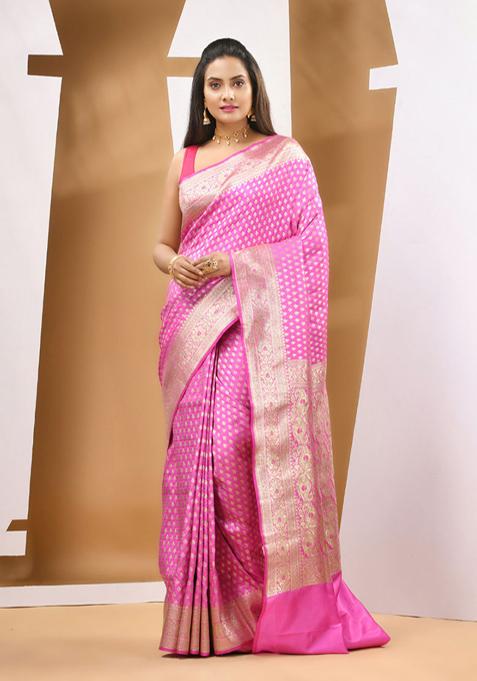 Lilac Ethnic Print Zari Woven Banarasi Silk Saree Set