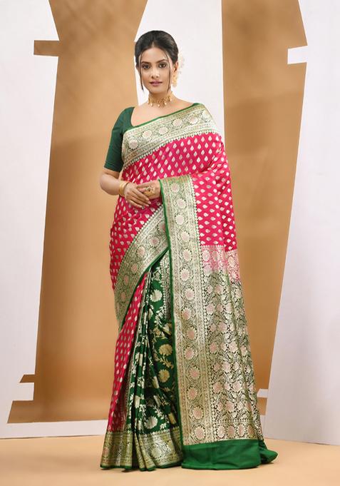 Fuchsia Ethnic Print Banarasi Katan Silk Saree Set