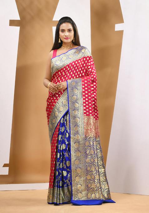 Fuchsia Ethnic Print Zari Woven Banarasi Katan Silk Saree Set