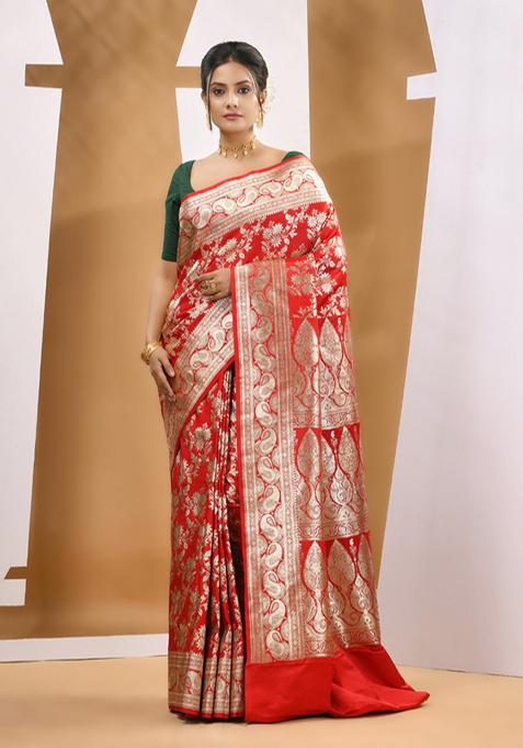 Red Ethnic Print Banarasi Katan Silk Saree Set