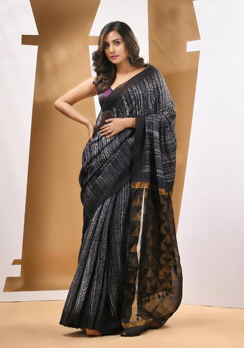 Black And White Shibori Print Matka Silk Saree Set