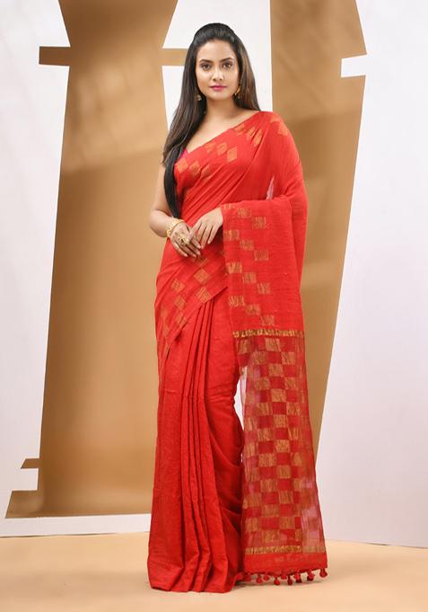 Red Zari Woven Work Matka Silk Saree Set