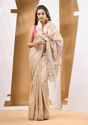Light Beige Thread Embroidered Soft Muslin Silk Saree Set