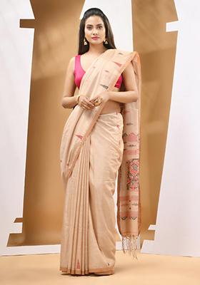 Beige Textured Soft Cotton Saree Set