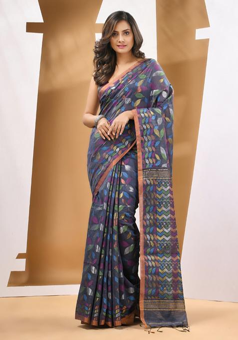 Dark Grey Paisley Print Cotton Blend Saree Set