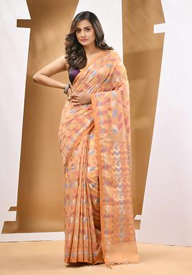 Beige Paisley Print Cotton Blend Saree Set
