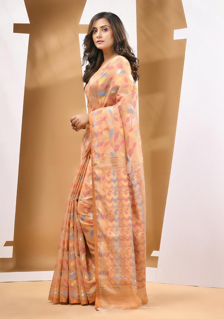 Beige Paisley Print Cotton Blend Saree Set - Indya