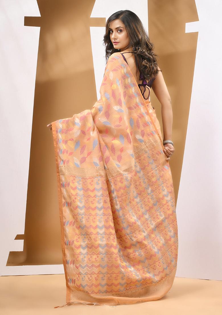 Beige Paisley Print Cotton Blend Saree Set - Indya