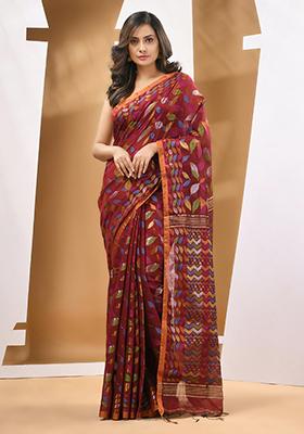 Dark Red Paisley Print Cotton Blend Saree Set