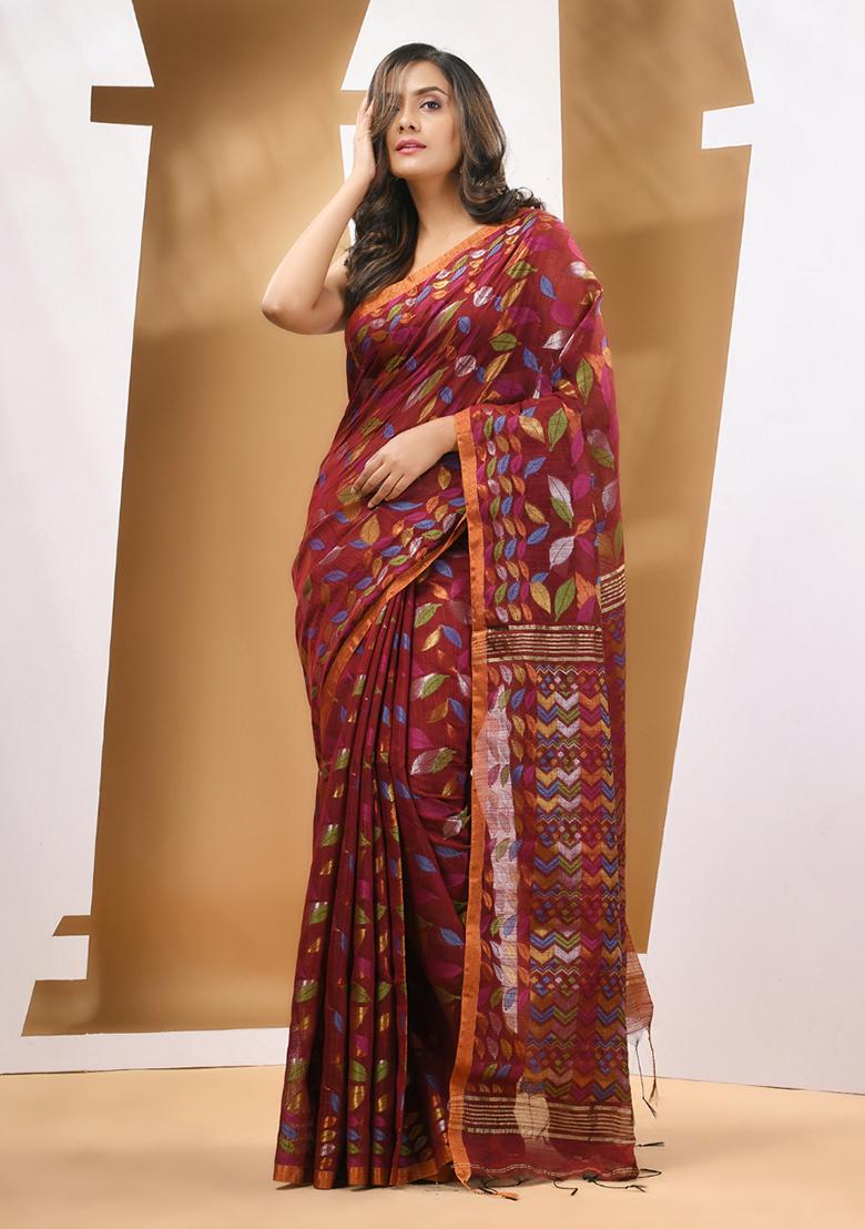 Dark Red Paisley Print Cotton Blend Saree Set