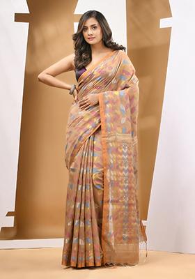 Dark Beige Paisley Print Cotton Blend Saree Set