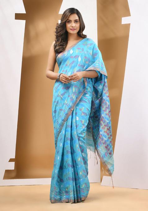 Sky Blue Paisley Print Cotton Blend Saree Set