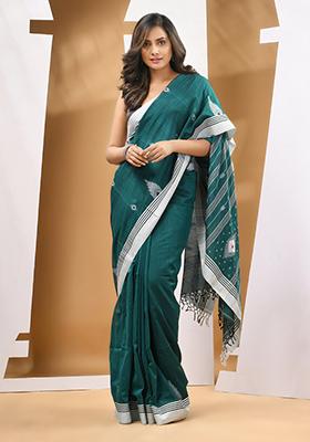 Teal Green Textured Soft Cotton Saree Set