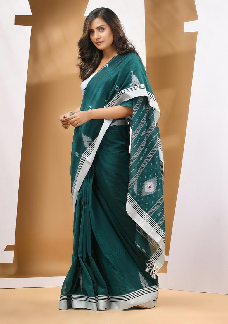 Teal Green Textured Soft Cotton Saree Set