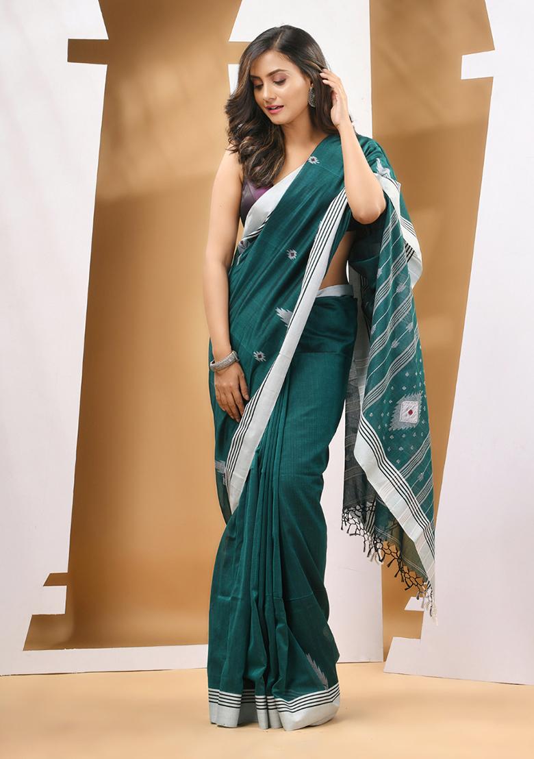 Teal Green Textured Soft Cotton Saree Set