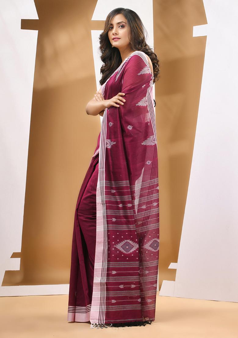 Magenta Textured Soft Cotton Saree Set