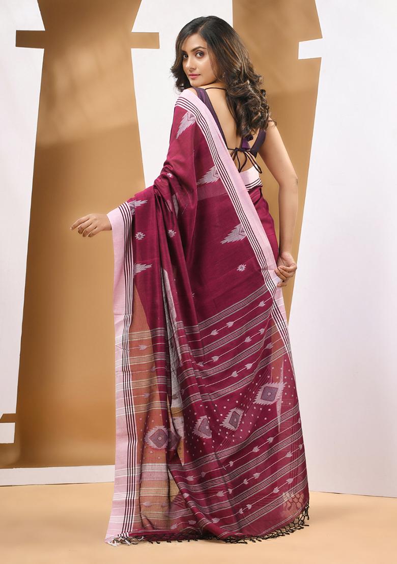 Magenta Textured Soft Cotton Saree Set - Indya