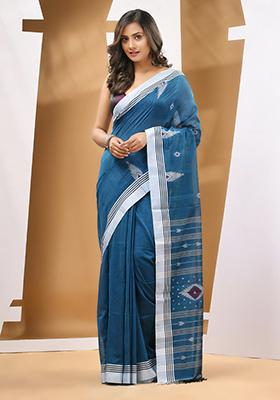 Teal Blue Textured Soft Cotton Saree Set