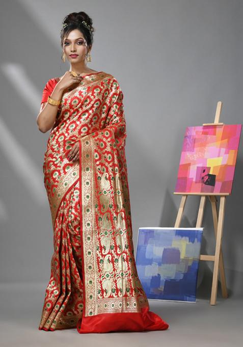 Red Zari Woven Design Katan Silk Saree Set