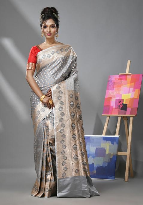 Ice Grey Zari Woven Design Katan Silk Saree Set