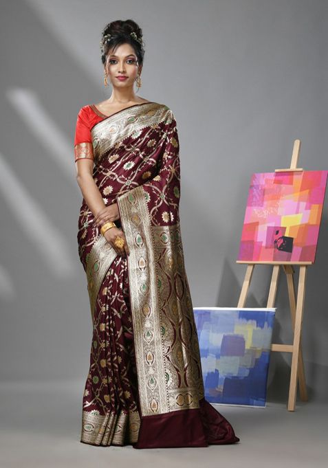 Maroon Meenakari Design Banarasi Silk Saree Set