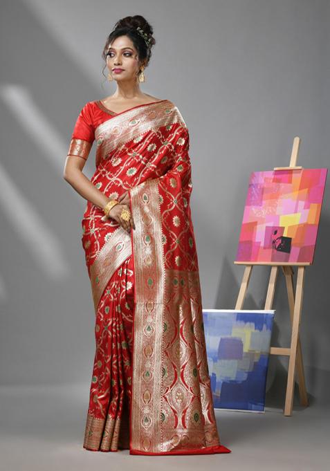 Red Meenakari Design Banarasi Silk Saree Set