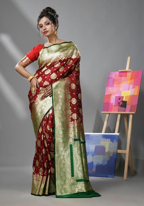 Scarlet Red Woven Design Banarasi Silk Saree Set