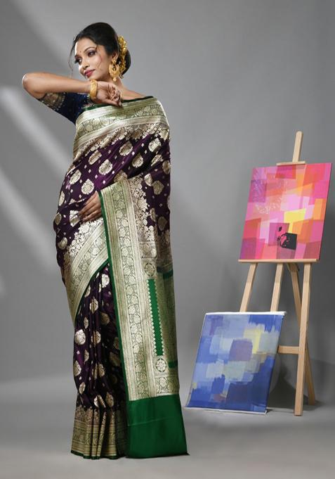 Wine Woven Design Banarasi Silk Saree Set