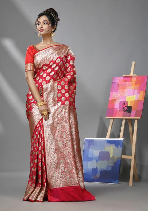 Pink Woven Design Banarasi Silk Saree Set
