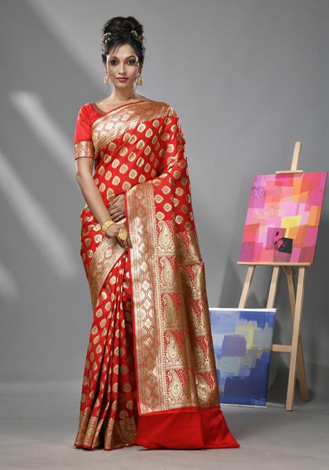Red Paisley Design Banarasi Silk Saree Set
