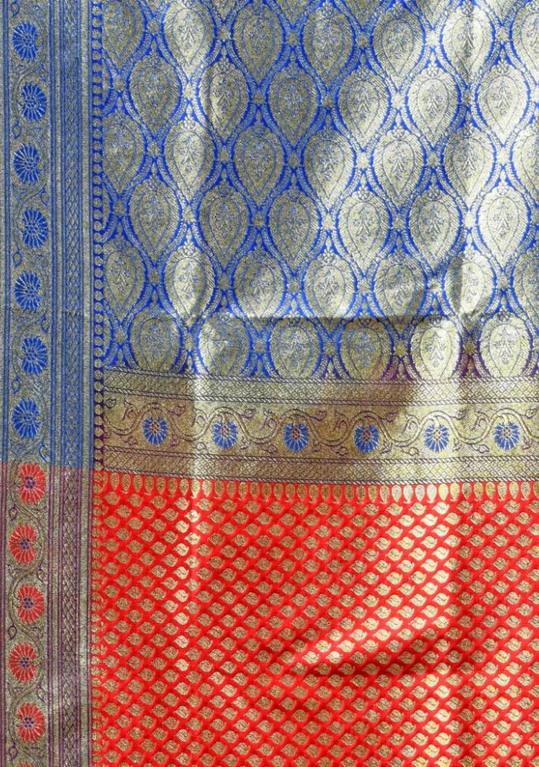 Red And Blue Woven Design Banarasi Silk Saree Set