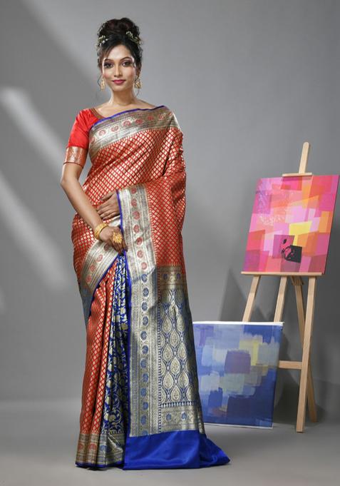 Red And Blue Woven Design Banarasi Silk Saree Set