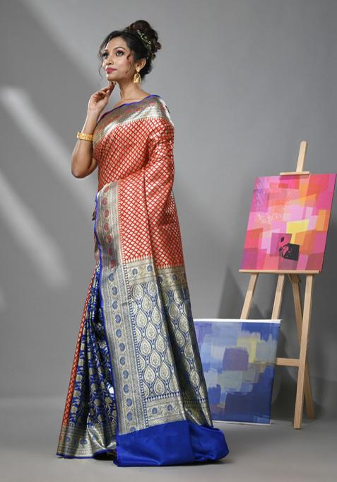 Red And Blue Woven Design Banarasi Silk Saree Set