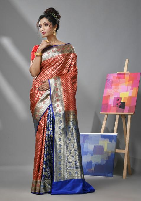 Red And Blue Woven Design Banarasi Silk Saree Set