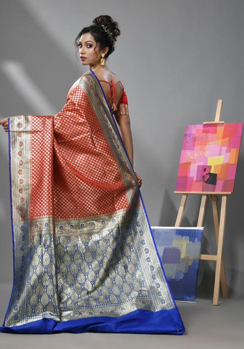 Red And Blue Woven Design Banarasi Silk Saree Set