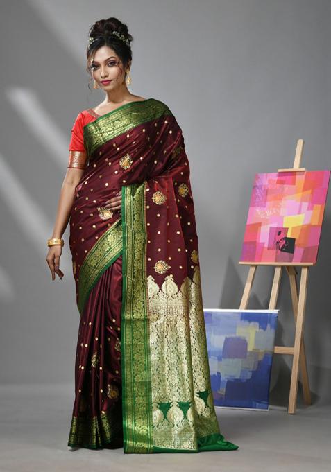 Maroon Woven Design Banarasi Silk Saree Set