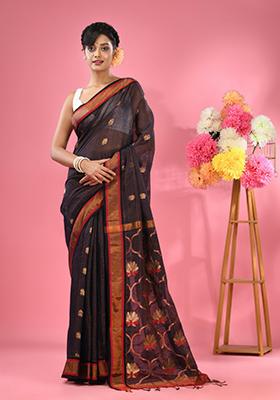 Midnight Blue Woven Floral Work Cotton Blend Saree Set