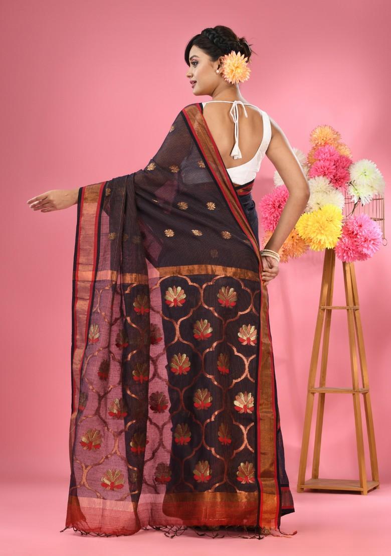 Midnight Blue Woven Floral Work Cotton Blend Saree Set - Indya