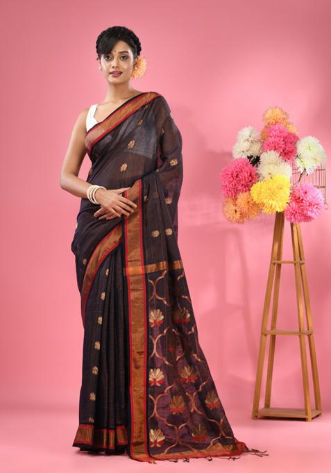 Midnight Blue Woven Floral Work Cotton Blend Saree Set