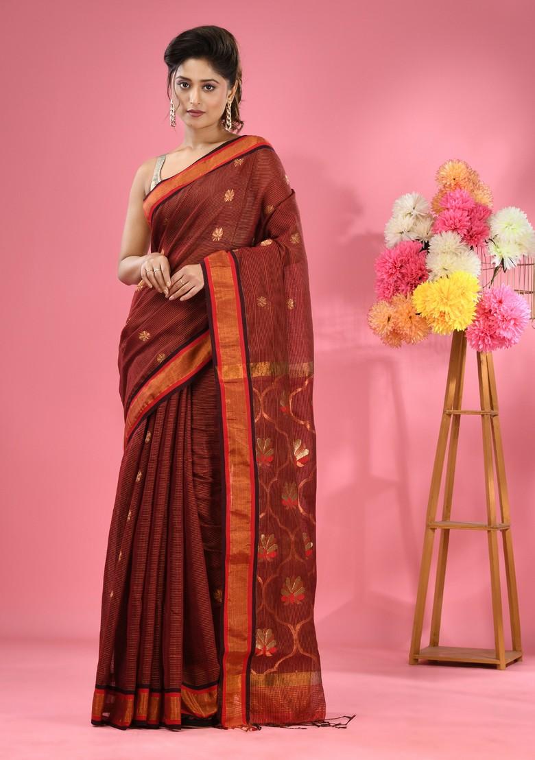 Maroon Woven Floral Work Cotton Blend Saree Set