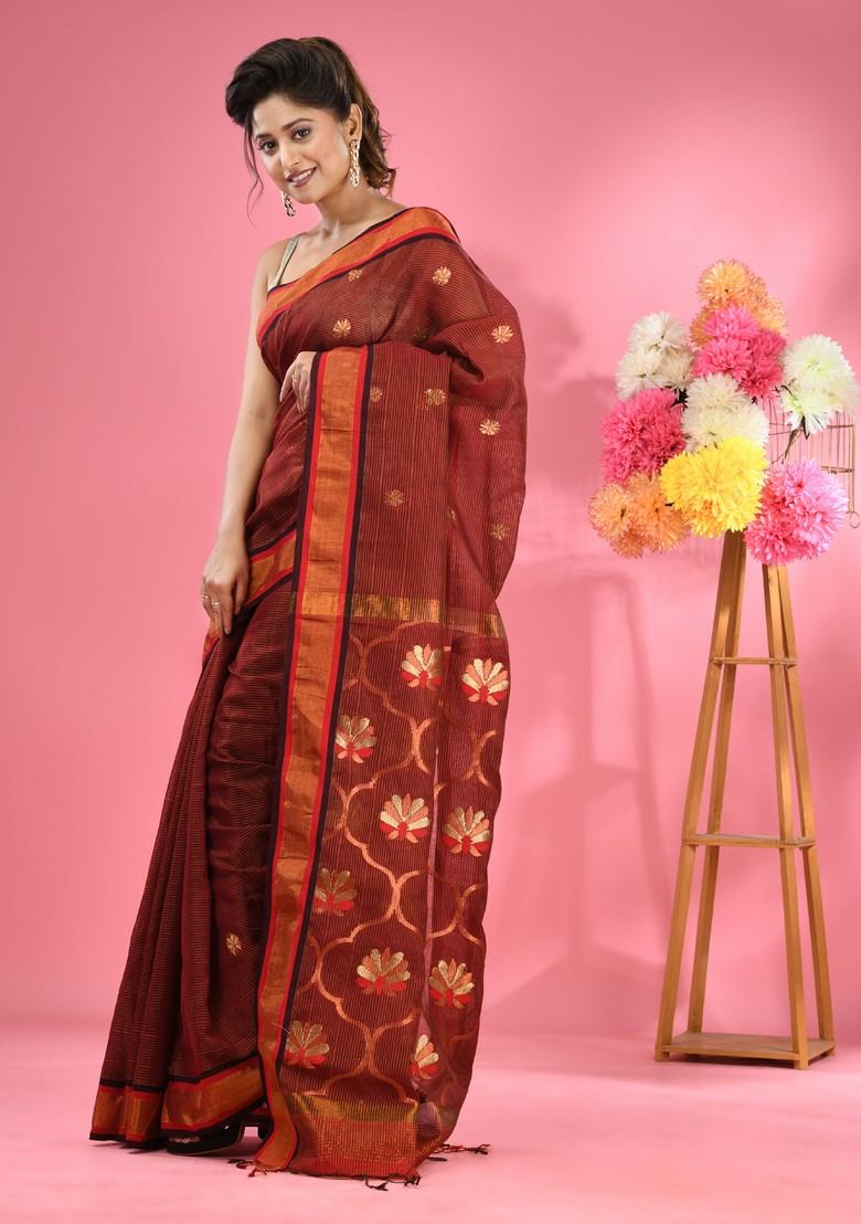 Maroon Woven Floral Work Cotton Blend Saree Set