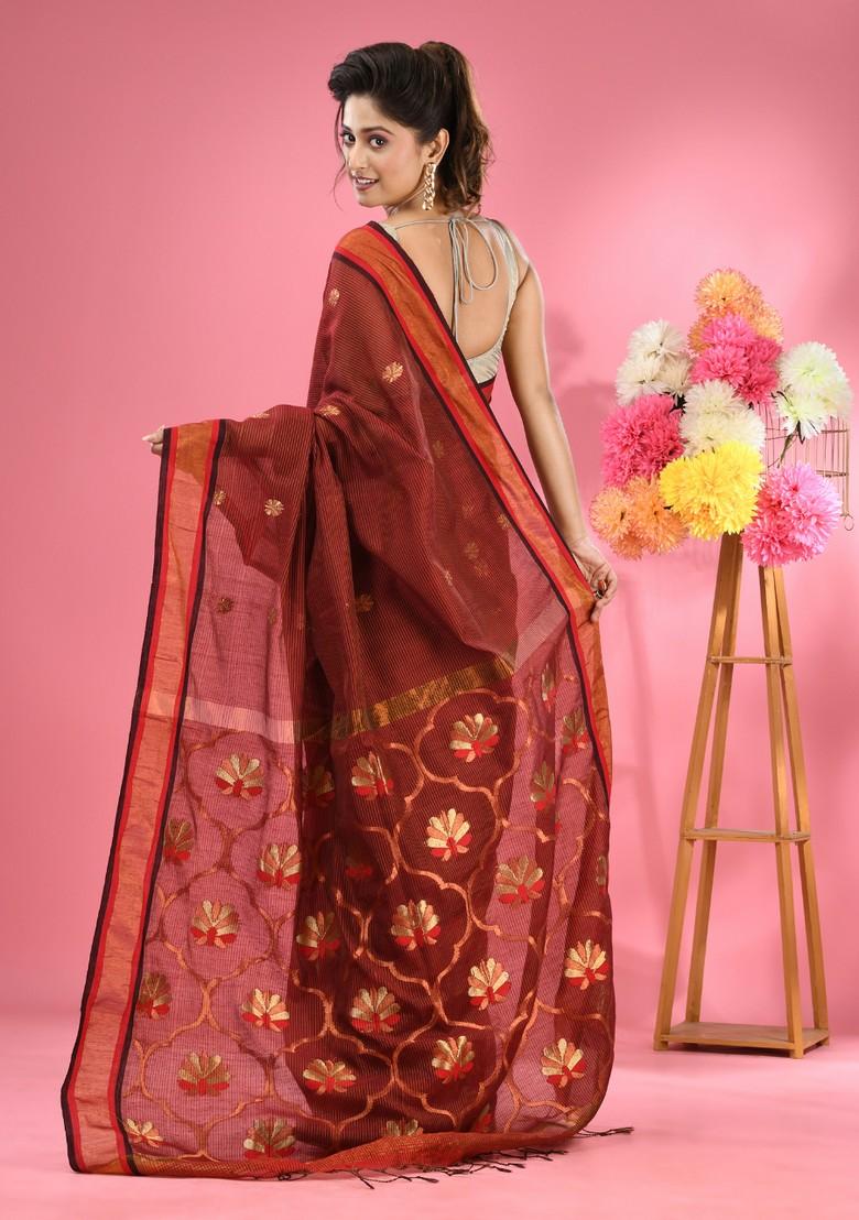 Maroon Woven Floral Work Cotton Blend Saree Set