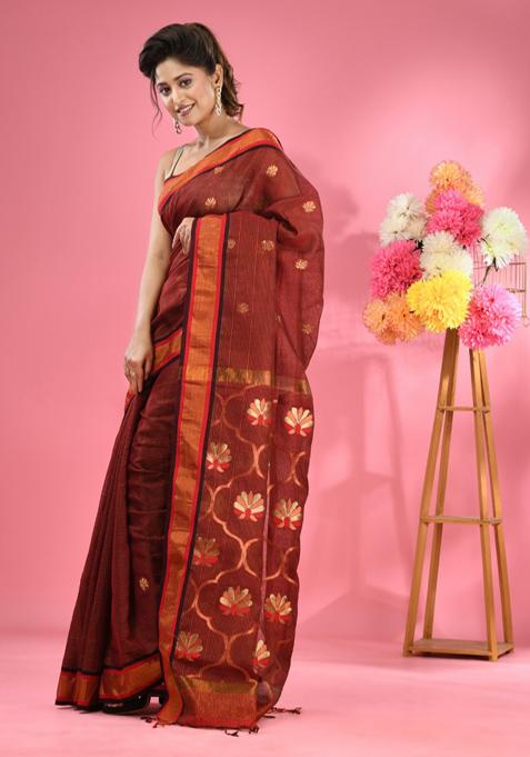 Maroon Woven Floral Work Cotton Blend Saree Set