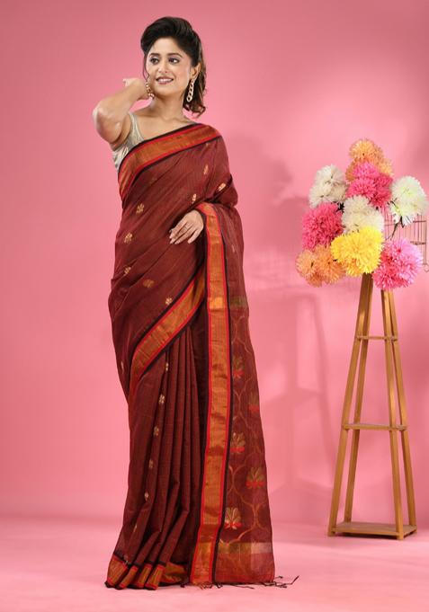 Maroon Woven Floral Work Cotton Blend Saree Set