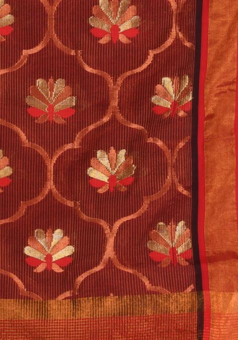 Maroon Woven Floral Work Cotton Blend Saree Set