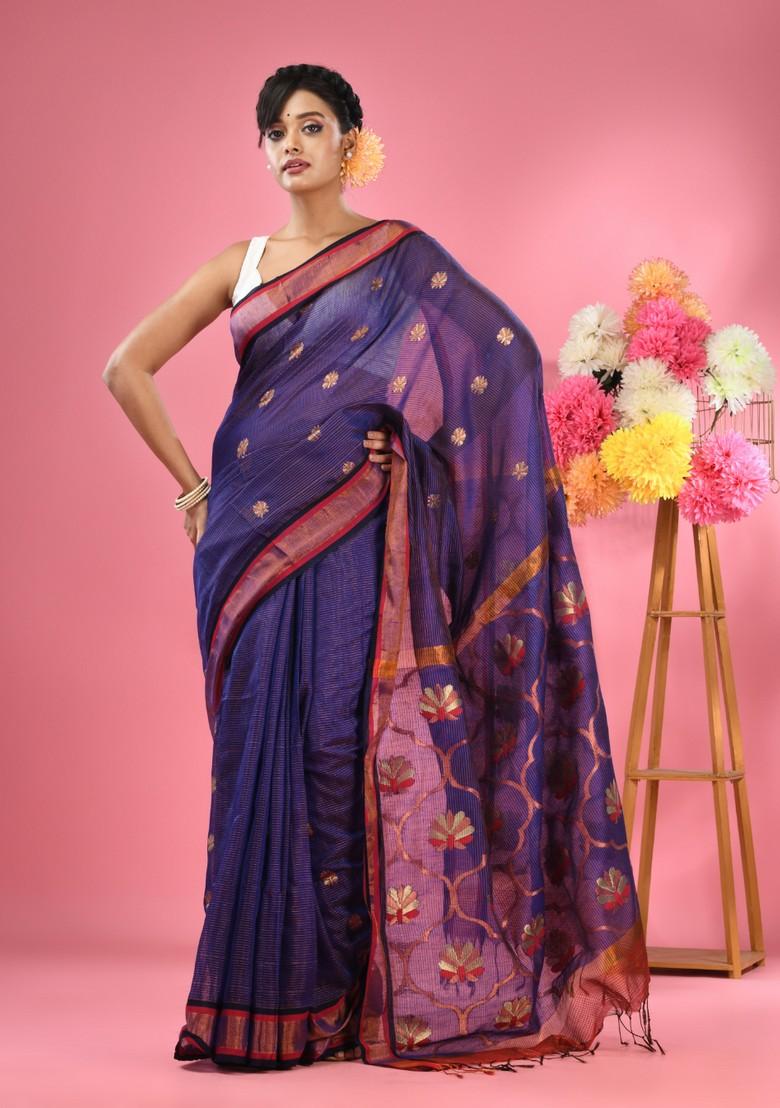 Blue Woven Floral Work Cotton Blend Saree Set
