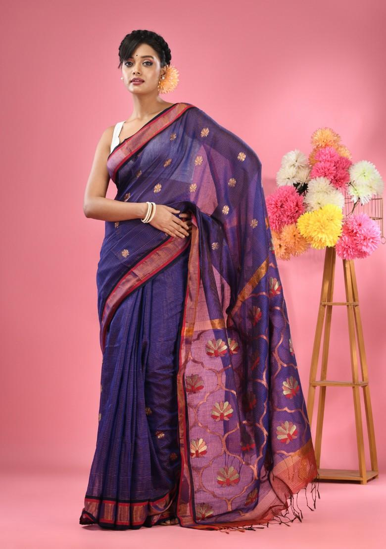 Blue Woven Floral Work Cotton Blend Saree Set