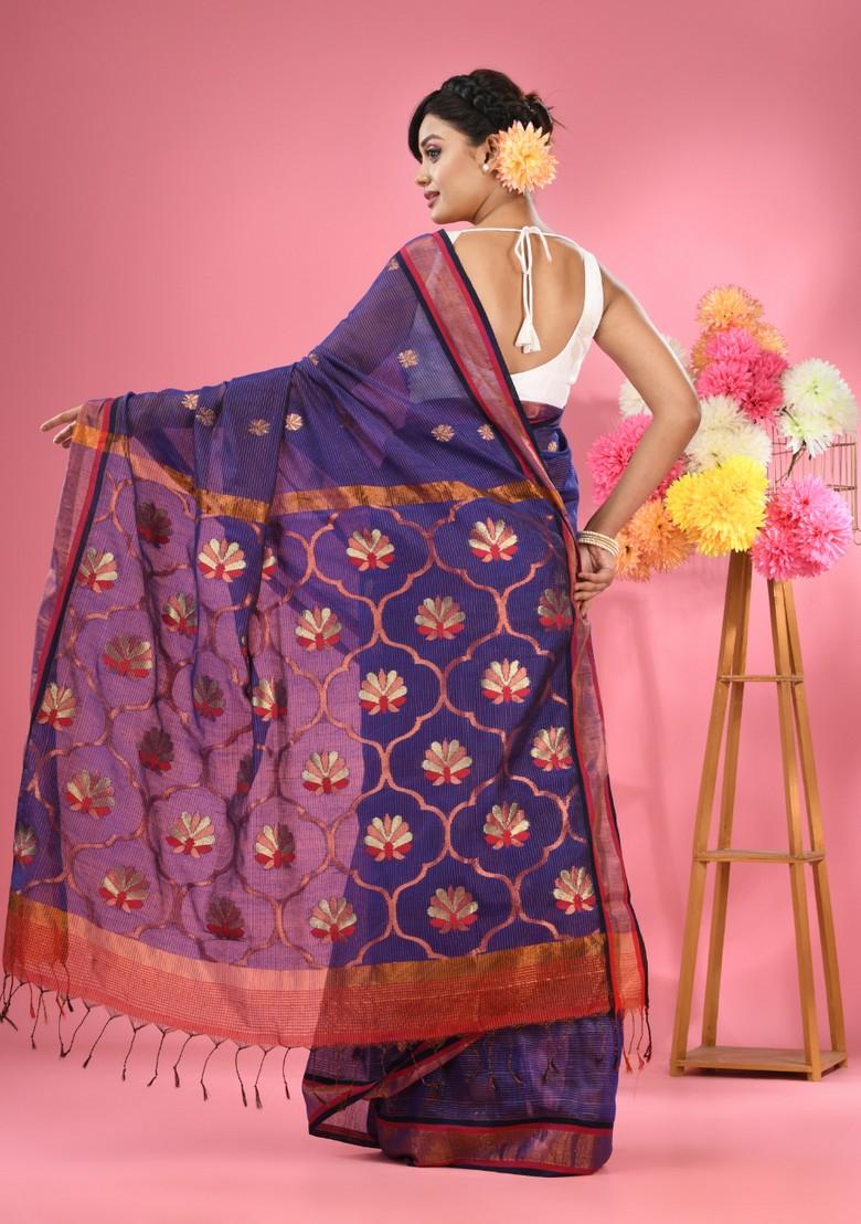 Blue Woven Floral Work Cotton Blend Saree Set